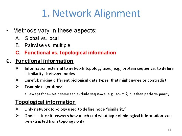 1. Network Alignment • Methods vary in these aspects: A. Global vs. local B.