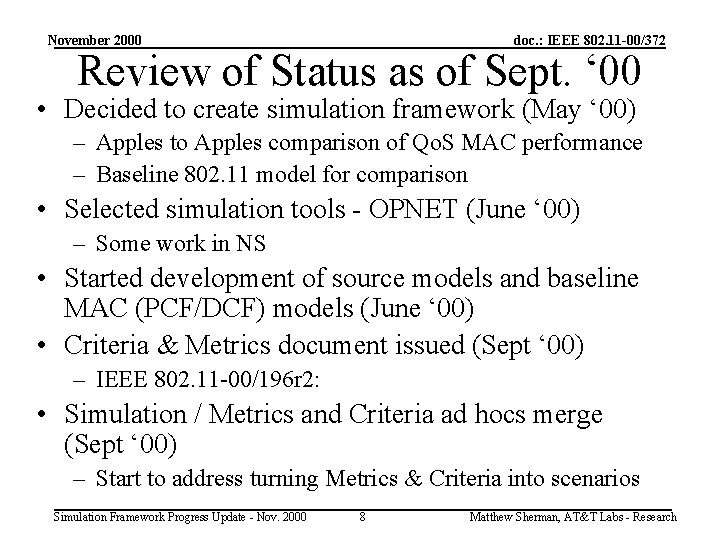 November 2000 doc. : IEEE 802. 11 -00/372 Review of Status as of Sept.