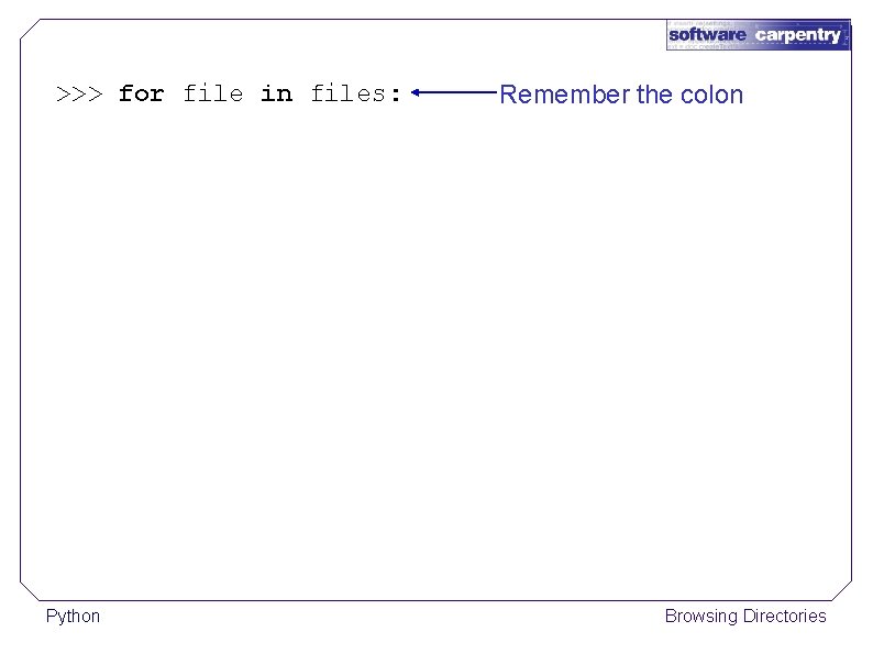 >>> for file in files: Python Remember the colon Browsing Directories 
