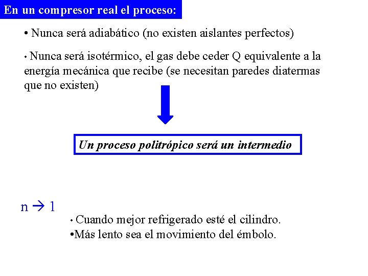 En un compresor real el proceso: • Nunca será adiabático (no existen aislantes perfectos)