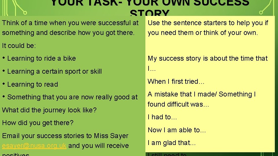 YOUR TASK- YOUR OWN SUCCESS STORY Think of a time when you were successful