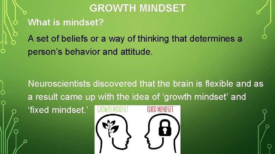 GROWTH MINDSET What is mindset? A set of beliefs or a way of thinking