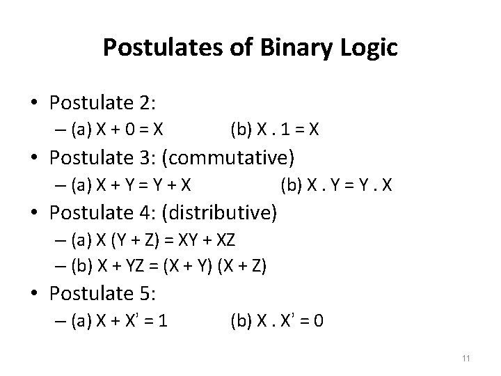 Postulates of Binary Logic • Postulate 2: – (a) X + 0 = X
