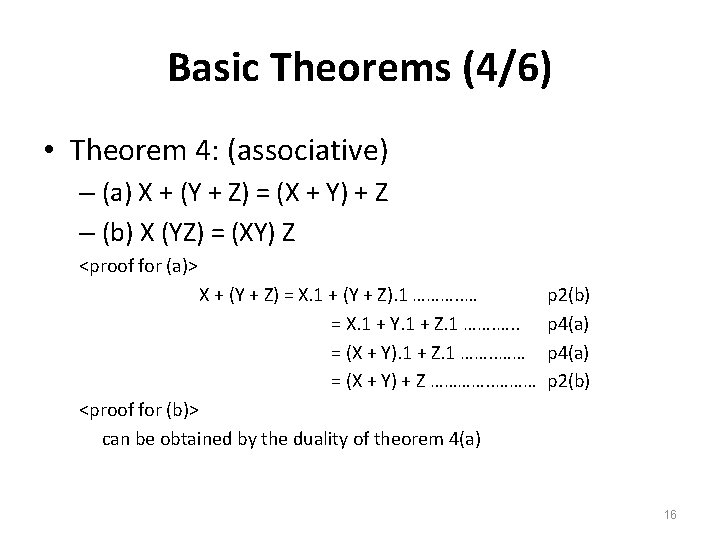 Basic Theorems (4/6) • Theorem 4: (associative) – (a) X + (Y + Z)