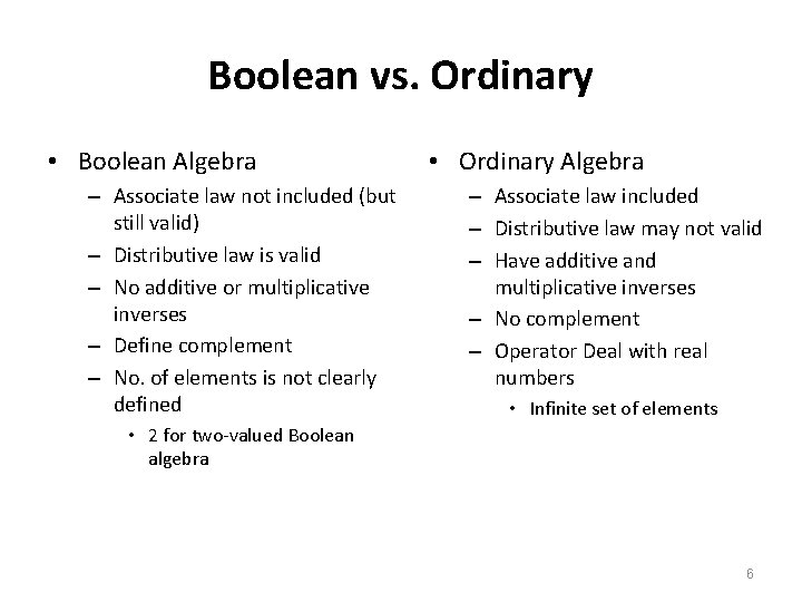 Boolean vs. Ordinary • Boolean Algebra – Associate law not included (but still valid)