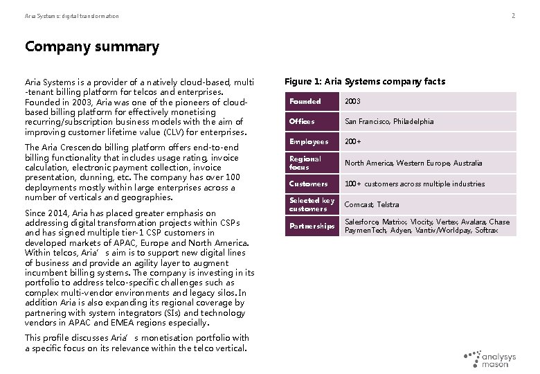 2 Aria Systems: digital transformation Company summary Aria Systems is a provider of a