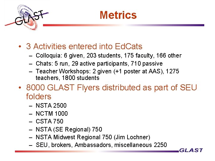 Metrics • 3 Activities entered into Ed. Cats – Colloquia: 6 given, 203 students,