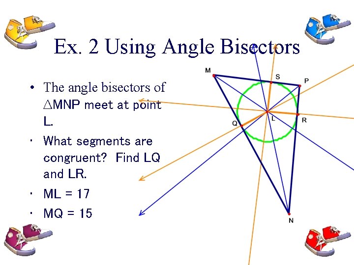 Ex. 2 Using Angle Bisectors • The angle bisectors of ∆MNP meet at point