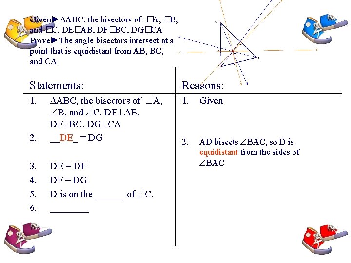 Given►∆ABC, the bisectors of �A, �B, and �C, DE�AB, DF�BC, DG�CA Prove►The angle bisectors