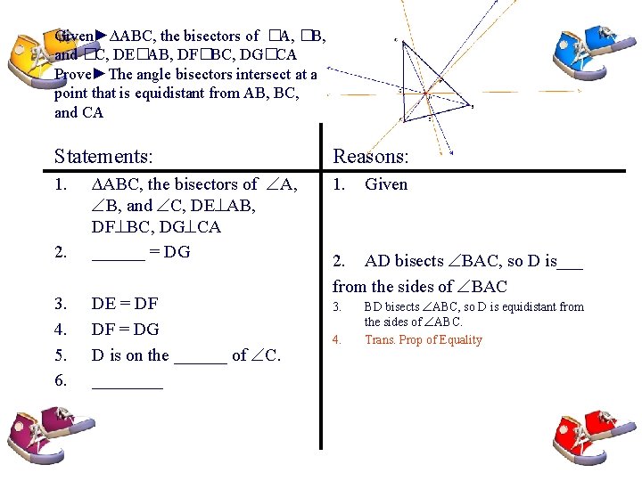 Given►∆ABC, the bisectors of �A, �B, and �C, DE�AB, DF�BC, DG�CA Prove►The angle bisectors