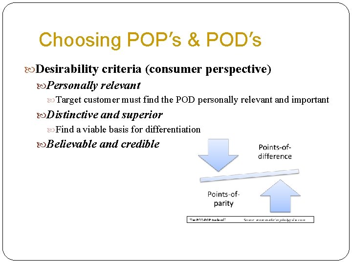 Choosing POP’s & POD’s Desirability criteria (consumer perspective) Personally relevant Target customer must find