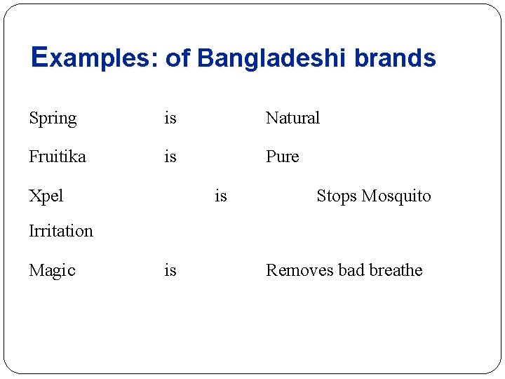 Examples: of Bangladeshi brands Spring is Natural Fruitika is Pure Xpel is Stops Mosquito