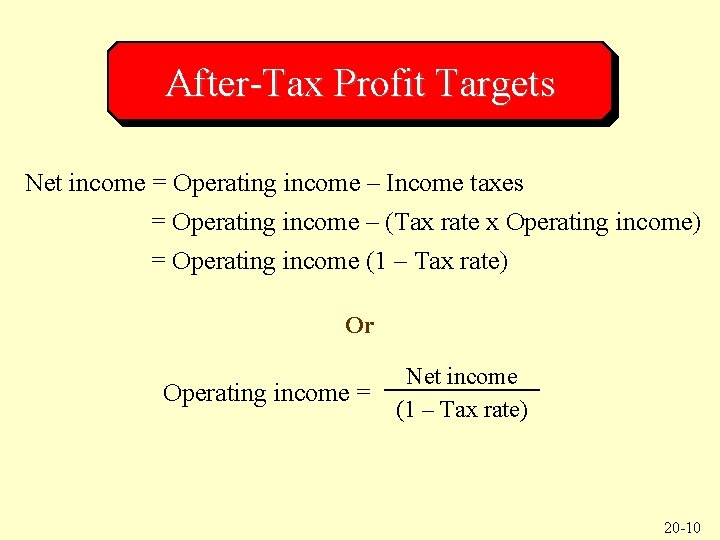 After-Tax Profit Targets Net income = Operating income – Income taxes = Operating income