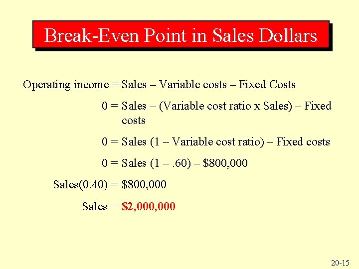 Break-Even Point in Sales Dollars Operating income = Sales – Variable costs – Fixed
