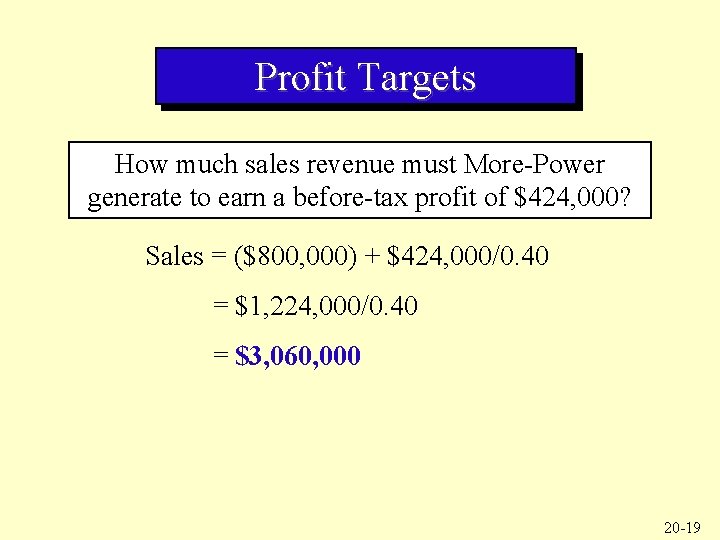 Profit Targets How much sales revenue must More-Power generate to earn a before-tax profit
