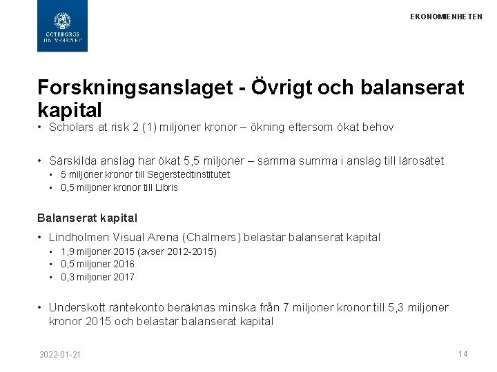 EKONOMIENHETEN Forskningsanslaget - Övrigt och balanserat kapital • Scholars at risk 2 (1) miljoner