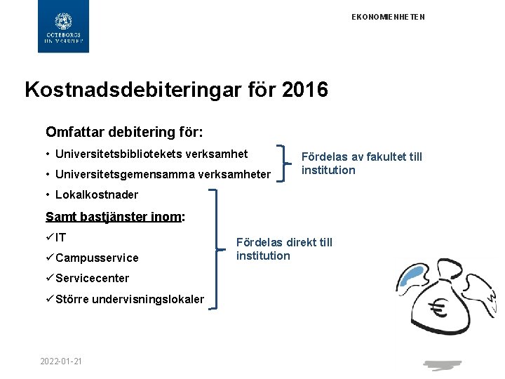 EKONOMIENHETEN Kostnadsdebiteringar för 2016 Omfattar debitering för: • Universitetsbibliotekets verksamhet • Universitetsgemensamma verksamheter Fördelas