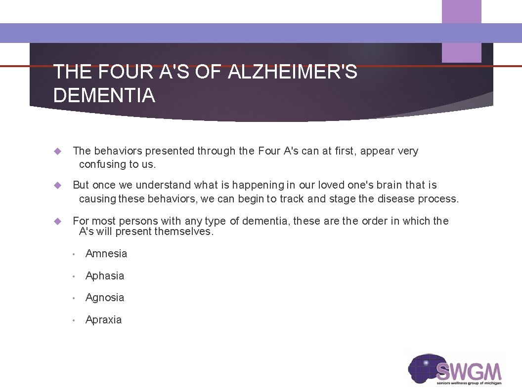 THE FOUR A'S OF ALZHEIMER'S DEMENTIA The behaviors presented through the Four A's can