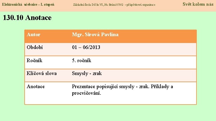 Elektronická učebnice – I. stupeň Základní škola Děčín VI, Na Stráni 879/2 – příspěvková