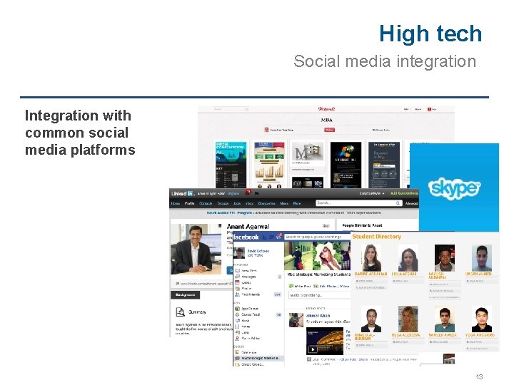 High tech Social media integration Integration with common social media platforms 13 