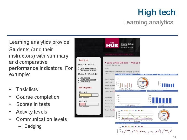 High tech Learning analytics provide Students (and their instructors) with summary and comparative performance