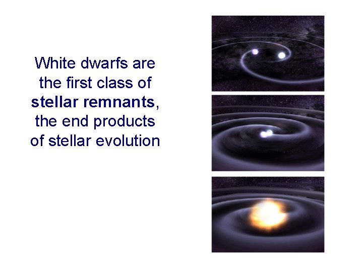 White dwarfs are the first class of stellar remnants, the end products of stellar
