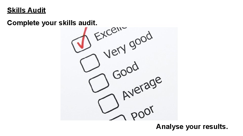 Skills Audit Complete your skills audit. Analyse your results. 