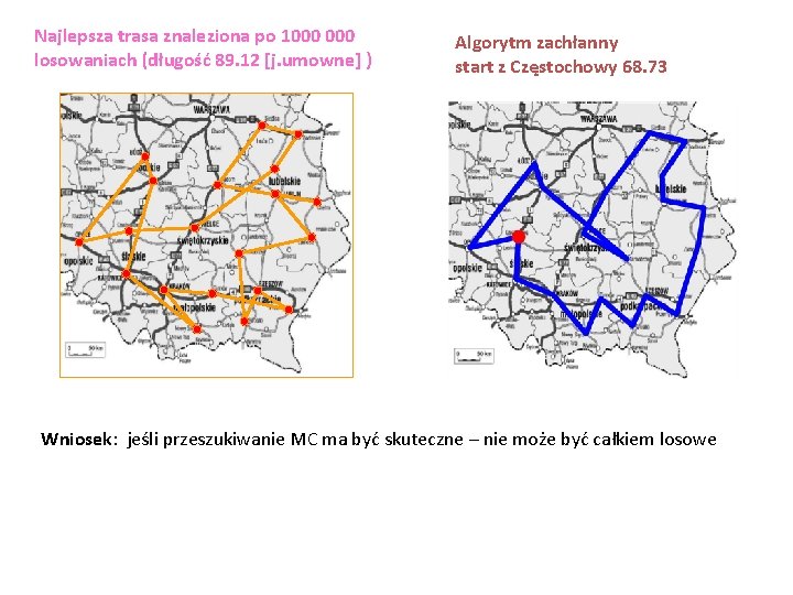 Najlepsza trasa znaleziona po 1000 losowaniach (długość 89. 12 [j. umowne] ) Algorytm zachłanny