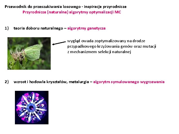 Przewodnik do przeszukiwania losowego - inspiracje przyrodnicze Przyrodnicze (naturalne) algorytmy optymalizacji MC 1) teoria