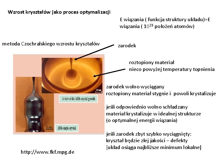 Wzrost kryształów jako proces optymalizacji E wiązania ( funkcja struktury układu)=E wiązania ( 1023