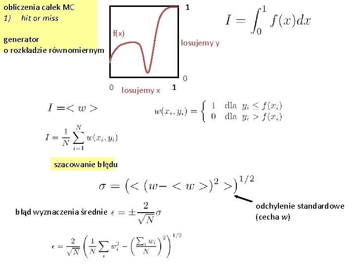 obliczenia całek MC 1) hit or miss 1 f(x) generator o rozkładzie równomiernym 0