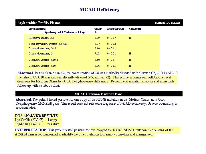 MCAD Deficiency Acylcarnitine Profile, Plasma Method: LC MS/MS Acylcarnitine umol/ L Normal range Comment