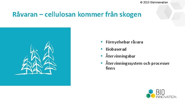 © 2019 Bio. Innovation Råvaran – cellulosan kommer från skogen § § Förnyelsebar råvara