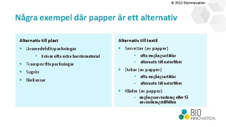 © 2019 Bio. Innovation Några exempel där papper är ett alternativ Alternativ till plast