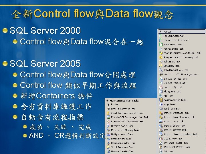 全新Control flow與Data flow觀念 SQL Server 2000 Control flow與Data flow混合在一起 SQL Server 2005 Control flow與Data