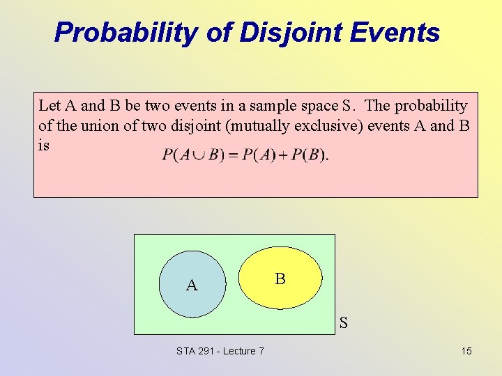 Probability of Disjoint Events Let A and B be two events in a sample