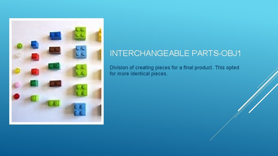 INTERCHANGEABLE PARTS-OBJ 1 Division of creating pieces for a final product. This opted for