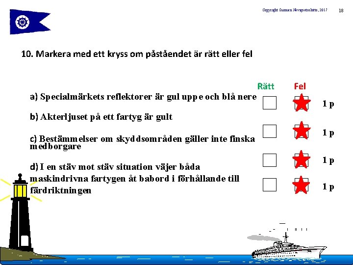 Copyright Suomen Navigaatioliitto, 2017 10. Markera med ett kryss om påståendet är rätt eller