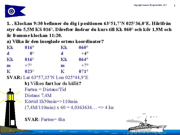 Copyright Suomen Navigaatioliitto, 2017 1. . Klockan 9: 30 befinner du dig i positionen