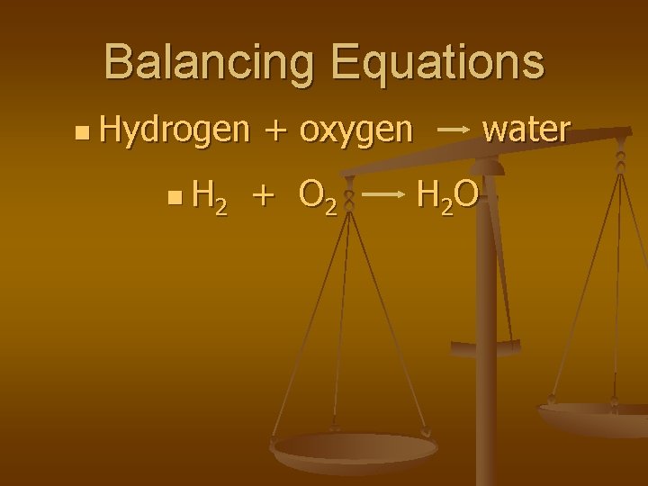 Balancing Equations n Hydrogen n H 2 + oxygen + O 2 water H