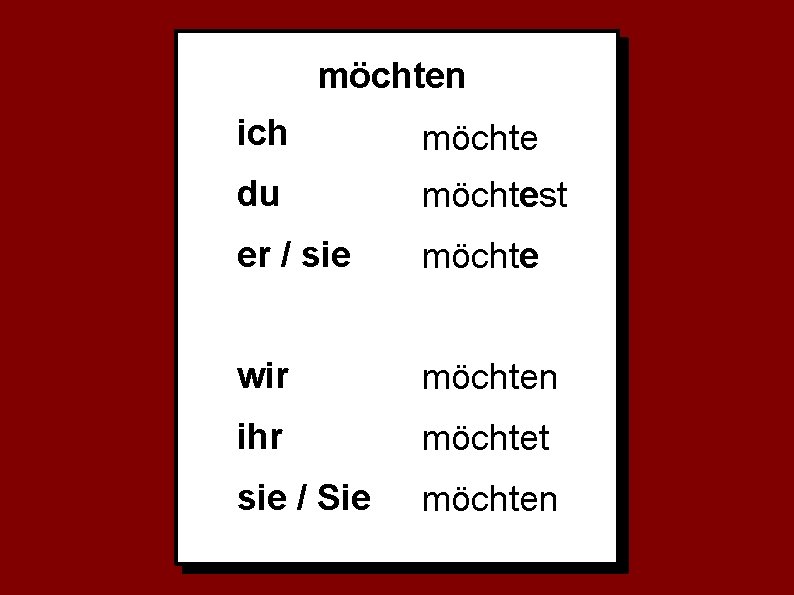 möchten ich möchte du möchtest er / sie möchte wir möchten ihr möchtet sie