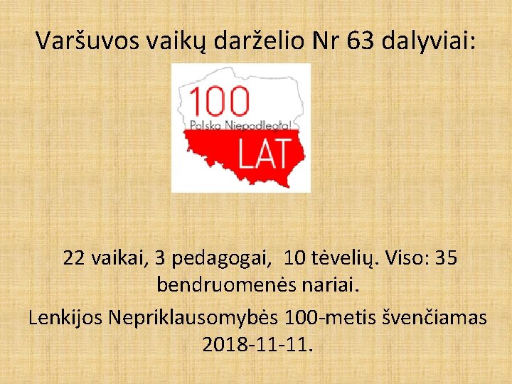 Varšuvos vaikų darželio Nr 63 dalyviai: 22 vaikai, 3 pedagogai, 10 tėvelių. Viso: 35