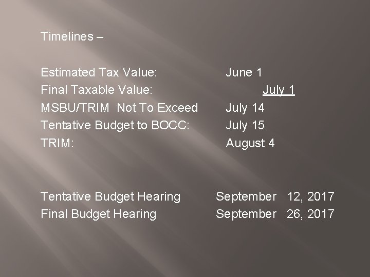 Timelines – Estimated Tax Value: Final Taxable Value: MSBU/TRIM Not To Exceed Tentative Budget