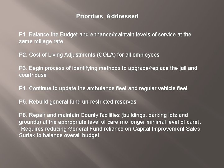 Priorities Addressed P 1. Balance the Budget and enhance/maintain levels of service at the