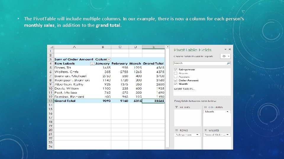 • The Pivot. Table will include multiple columns. In our example, there is • The Pivot. Table will include multiple columns. In our example, there is
