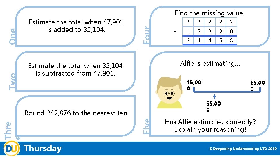 Two Estimate the total when 47, 901 is added to 32, 104. Four One