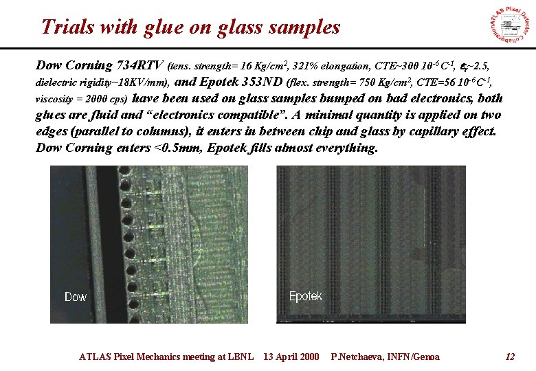 Trials with glue on glass samples Dow Corning 734 RTV (tens. strength= 16 Kg/cm