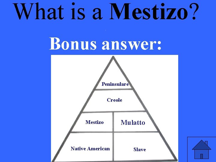 What is a Mestizo? . Bonus answer: Peninsulare Creole Mestizo Native American Mulatto Slave