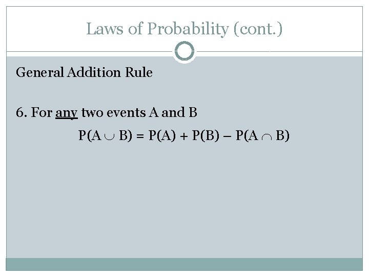 Laws of Probability (cont. ) General Addition Rule 6. For any two events A