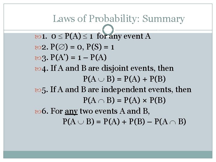 Laws of Probability: Summary 1. 0 P(A) 1 for any event A 2. P(
